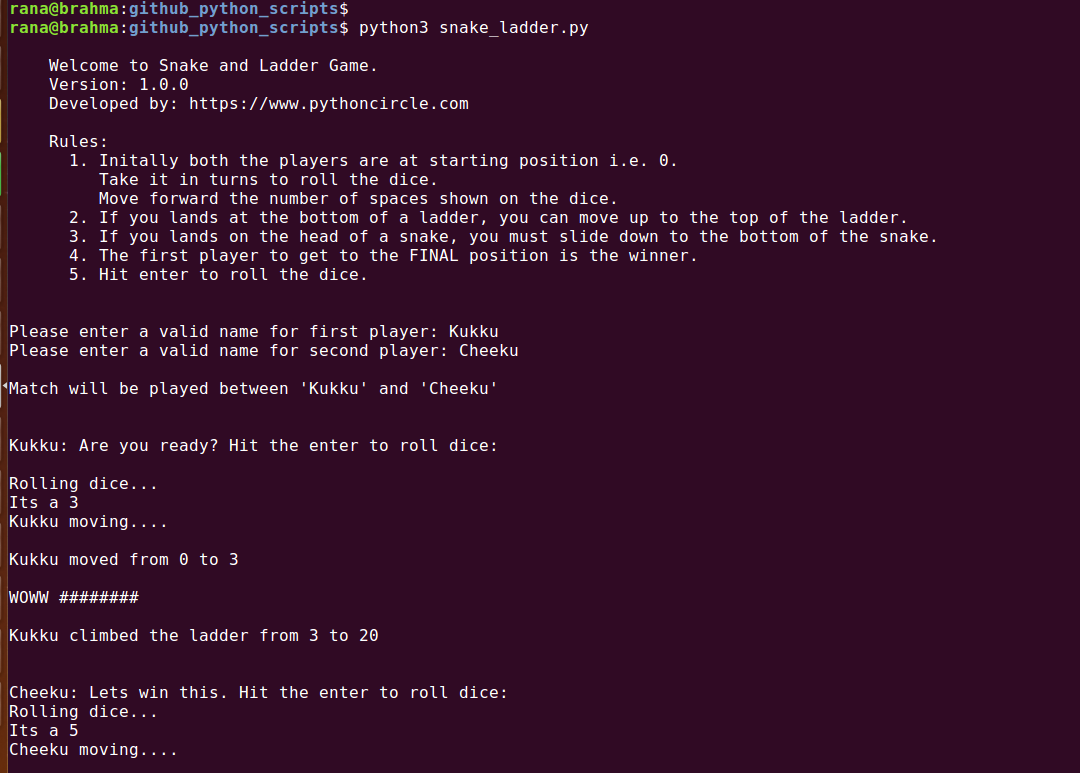 snake and ladder game in python